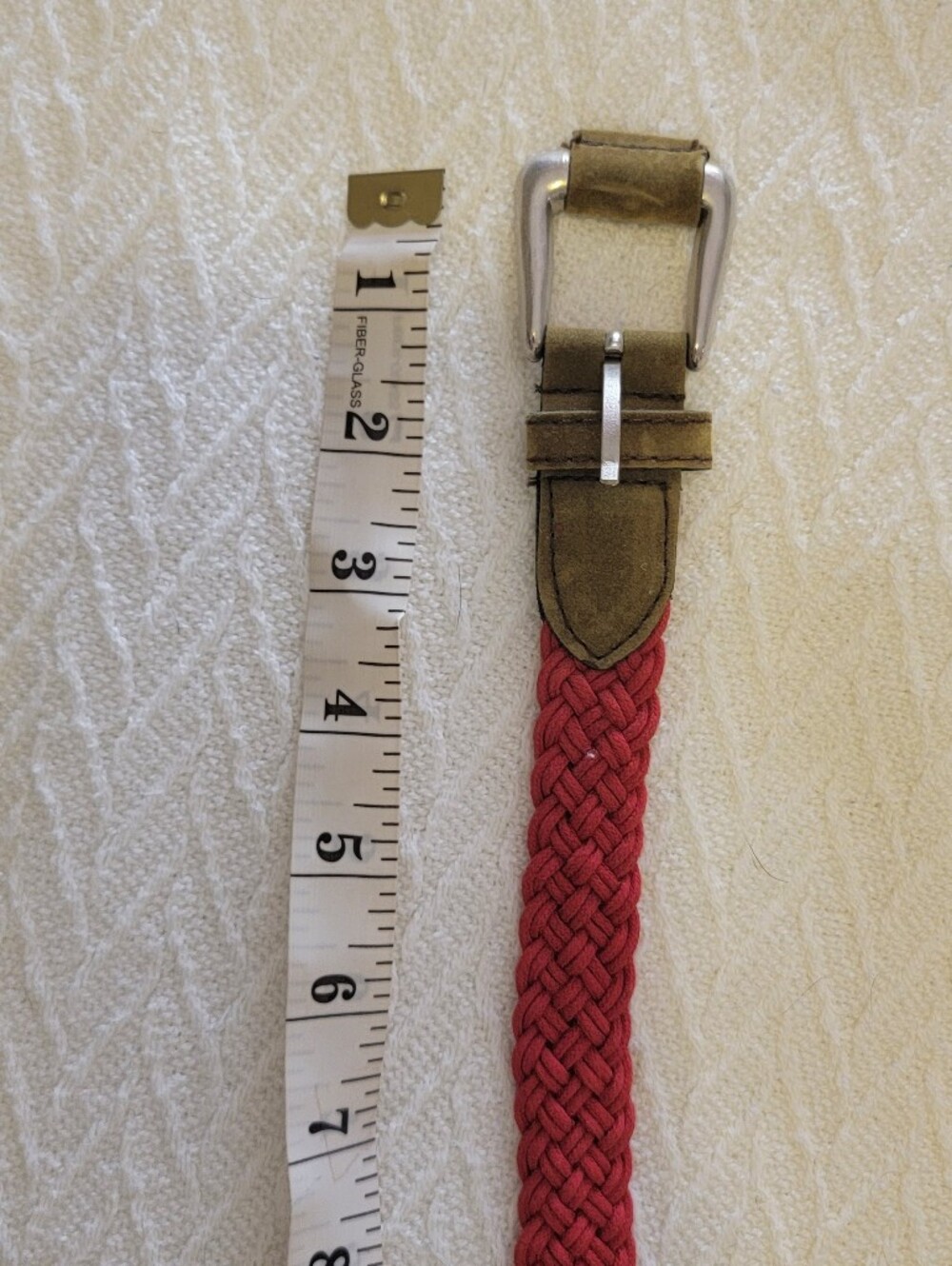 Vintage Red Cotton Braided Belt with Tan Leather Trim